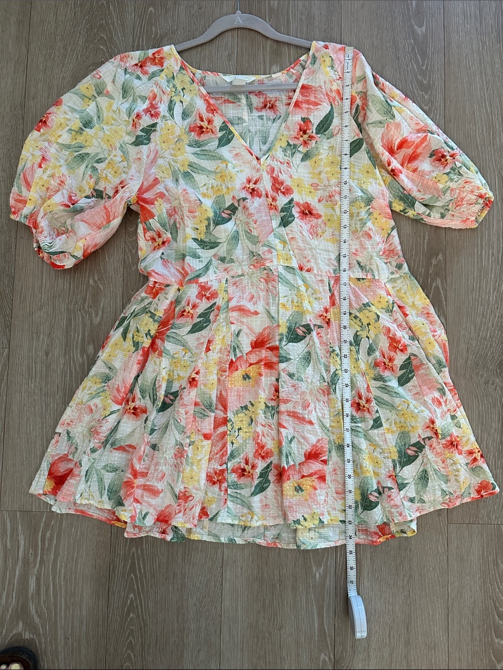 H&M Floral V-Neck Puff Sleeve Dress in Coral, Yellow & Green